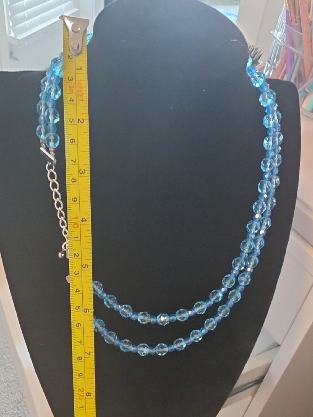 Blue Crystal Bead Double Strand Necklace, Adjustble, Hook Closure - Picture 4 of 4